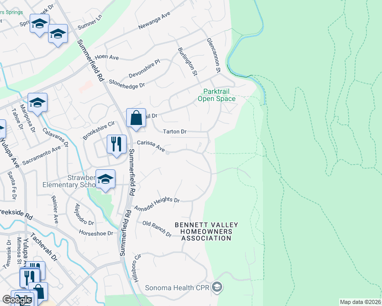 map of restaurants, bars, coffee shops, grocery stores, and more near 2871 Dusty Stone Court in Santa Rosa