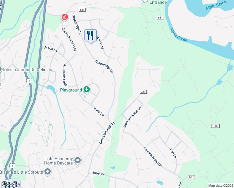map of restaurants, bars, coffee shops, grocery stores, and more near 13 Greenridge Drive in Stafford