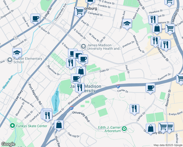 map of restaurants, bars, coffee shops, grocery stores, and more near Huffman Service Drive in Harrisonburg