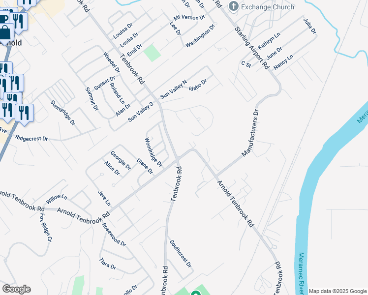 map of restaurants, bars, coffee shops, grocery stores, and more near 671 Berrywine Lane in Arnold