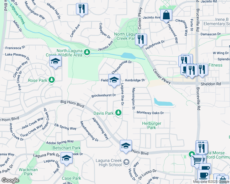 map of restaurants, bars, coffee shops, grocery stores, and more near 8835 Land Star Way in Elk Grove