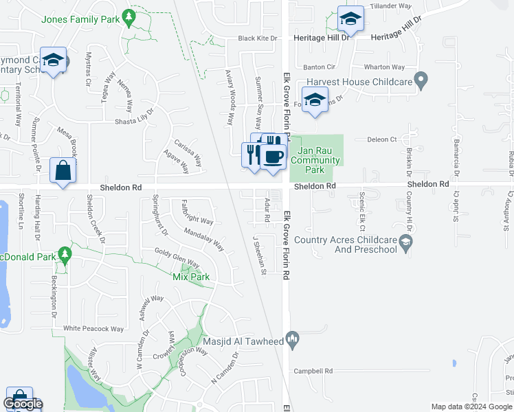 map of restaurants, bars, coffee shops, grocery stores, and more near 8847 Wheelton Road in Elk Grove