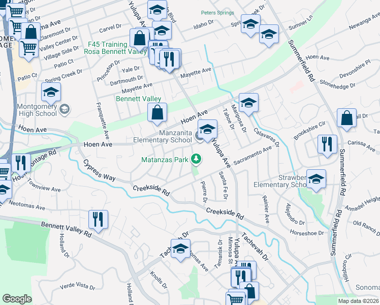 map of restaurants, bars, coffee shops, grocery stores, and more near 3815 Douglas Drive in Santa Rosa