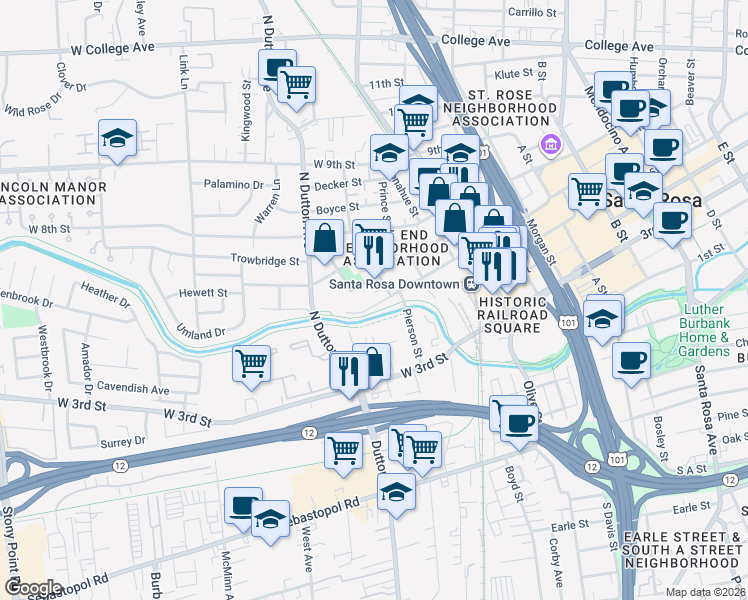 map of restaurants, bars, coffee shops, grocery stores, and more near 221 West 6th Street in Santa Rosa