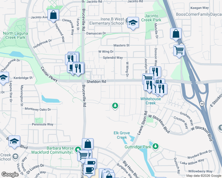 map of restaurants, bars, coffee shops, grocery stores, and more near 7700-7866 Sheldon Rd in Elk Grove