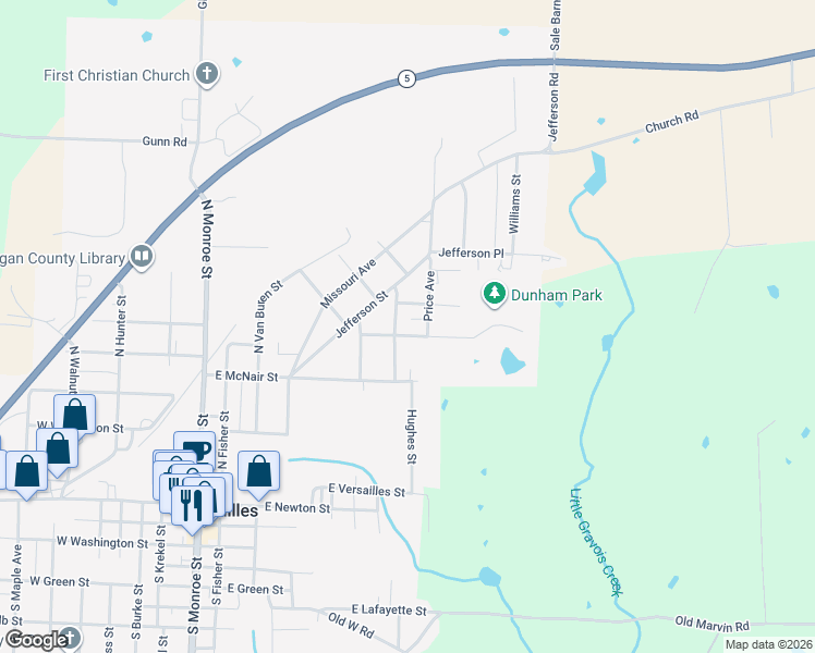 map of restaurants, bars, coffee shops, grocery stores, and more near 602 East Della Street in Versailles