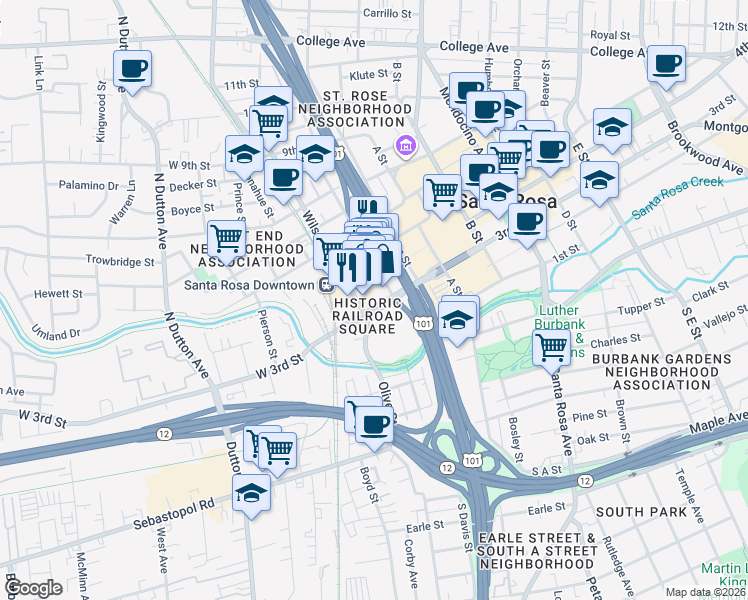 map of restaurants, bars, coffee shops, grocery stores, and more near 130 4th Street in Santa Rosa