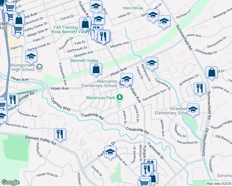 map of restaurants, bars, coffee shops, grocery stores, and more near 3815 Douglas Drive in Santa Rosa