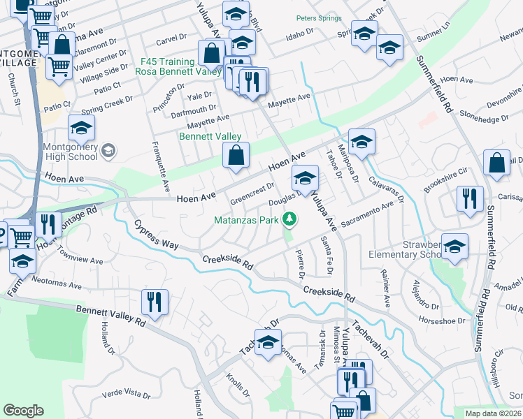 map of restaurants, bars, coffee shops, grocery stores, and more near 3815 Douglas Drive in Santa Rosa