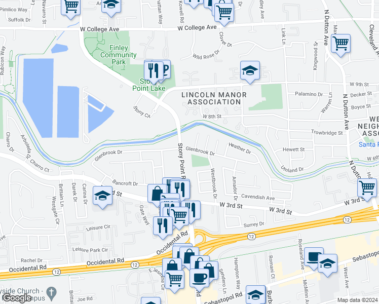 map of restaurants, bars, coffee shops, grocery stores, and more near 133 Fernwood Court in Santa Rosa