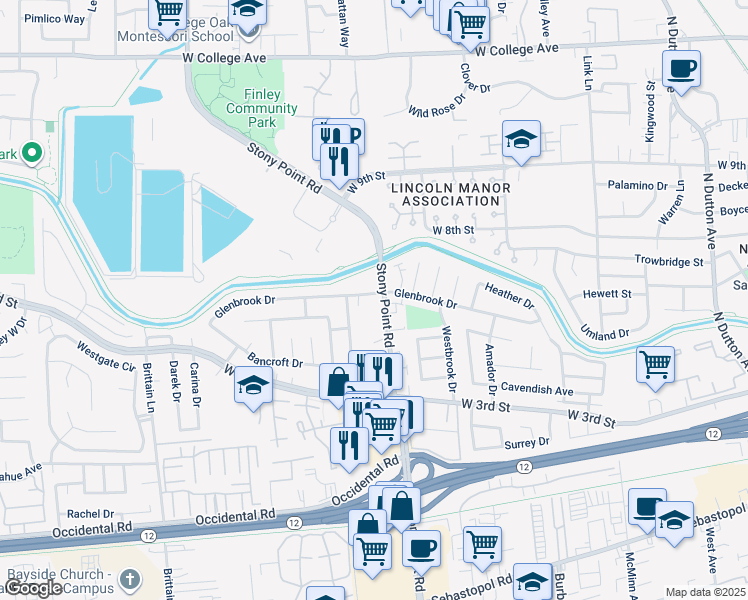 map of restaurants, bars, coffee shops, grocery stores, and more near 155 Stony Point Road in Santa Rosa