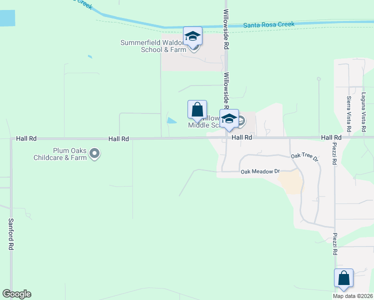 map of restaurants, bars, coffee shops, grocery stores, and more near 5390 Hall Road in Santa Rosa