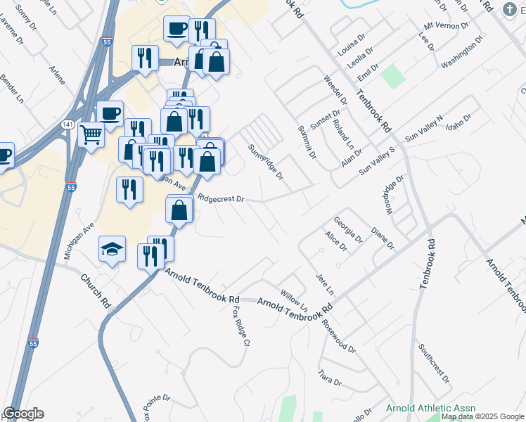 map of restaurants, bars, coffee shops, grocery stores, and more near 2408 Ridgecrest Drive in Arnold