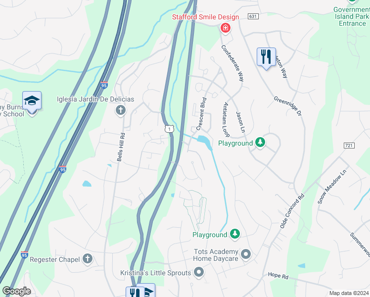 map of restaurants, bars, coffee shops, grocery stores, and more near 102 Lakeview Court in Stafford