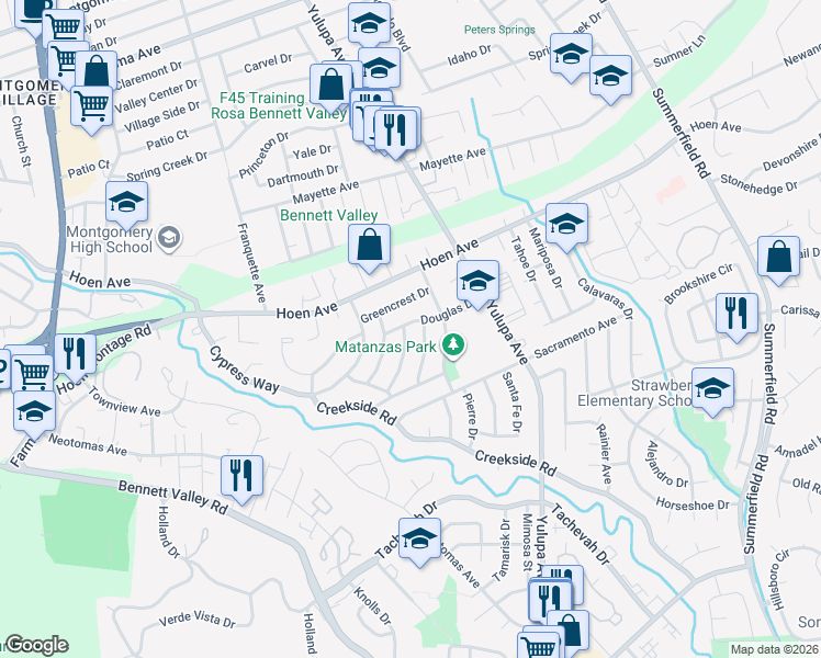 map of restaurants, bars, coffee shops, grocery stores, and more near 3815 Douglas Drive in Santa Rosa