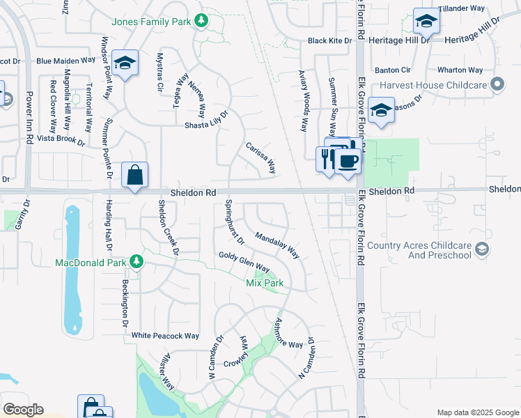 map of restaurants, bars, coffee shops, grocery stores, and more near 8759 Heathermist Way in Elk Grove