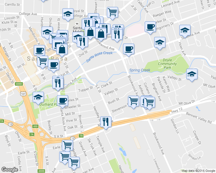 map of restaurants, bars, coffee shops, grocery stores, and more near 934 Clark Street in Santa Rosa