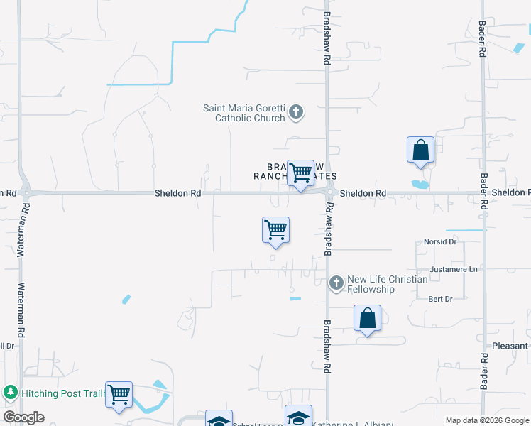 map of restaurants, bars, coffee shops, grocery stores, and more near 9630 Sheldon Road in Elk Grove