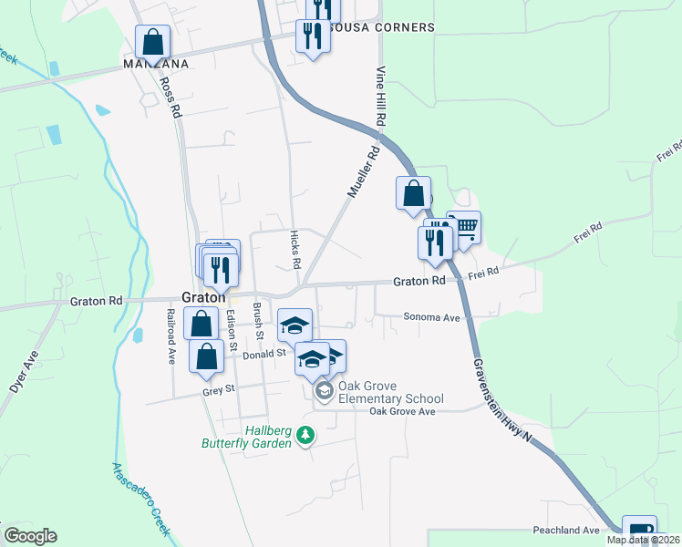 map of restaurants, bars, coffee shops, grocery stores, and more near 8710 Graton Road in Sebastopol