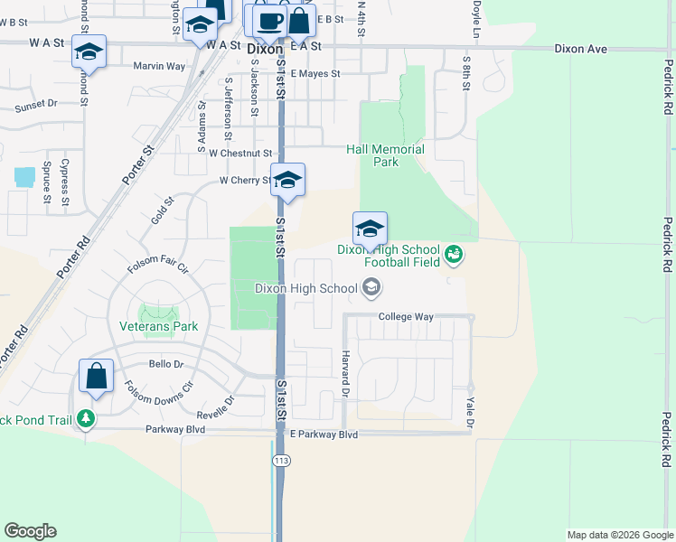 map of restaurants, bars, coffee shops, grocery stores, and more near 915 Orchard Drive in Dixon
