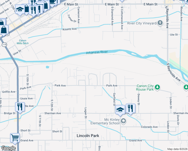 map of restaurants, bars, coffee shops, grocery stores, and more near 722 West Tyrolean Way in Cañon City