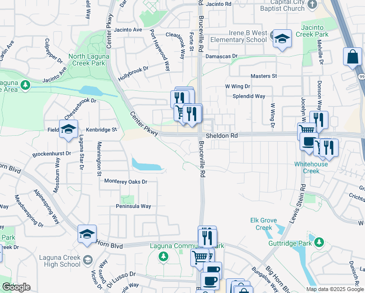 map of restaurants, bars, coffee shops, grocery stores, and more near 8760 Center Parkway in Elk Grove