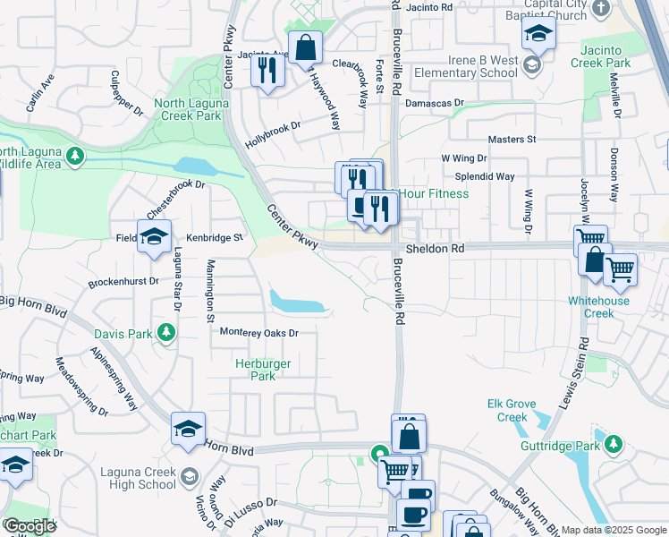 map of restaurants, bars, coffee shops, grocery stores, and more near 8760 Center Parkway in Elk Grove