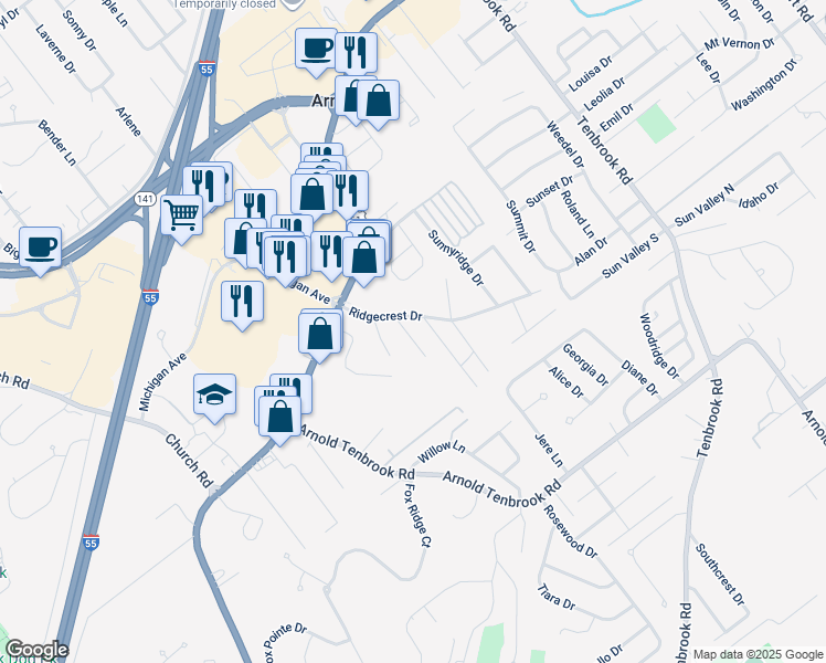 map of restaurants, bars, coffee shops, grocery stores, and more near 2369 Ridgecrest Drive in Arnold