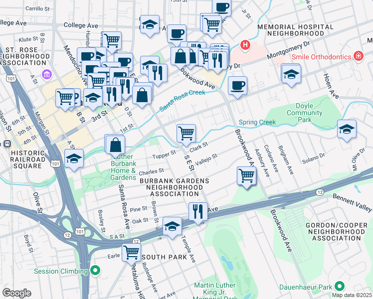map of restaurants, bars, coffee shops, grocery stores, and more near 907 Clark Street in Santa Rosa