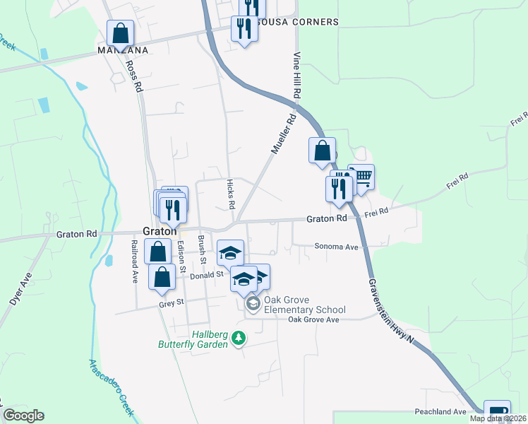 map of restaurants, bars, coffee shops, grocery stores, and more near 8657 Jeannette Avenue in Sebastopol