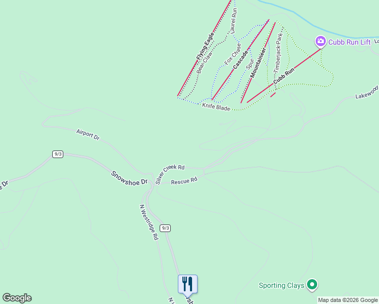 map of restaurants, bars, coffee shops, grocery stores, and more near Silvercreek Drive in Snowshoe