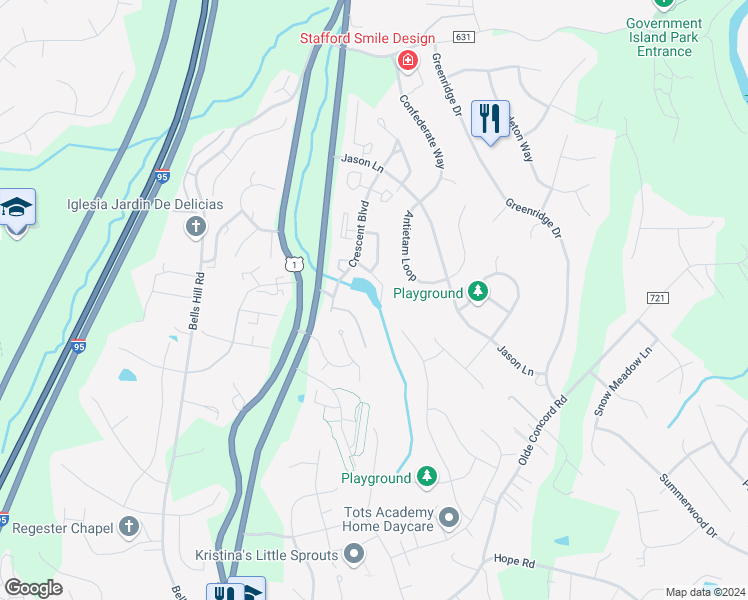 map of restaurants, bars, coffee shops, grocery stores, and more near 408 Munsons Hill Court in Stafford