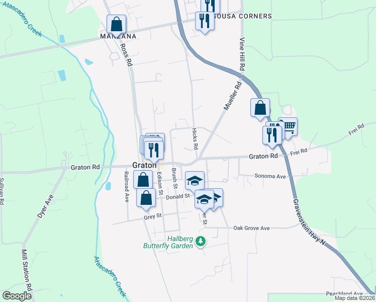 map of restaurants, bars, coffee shops, grocery stores, and more near 3160 Hicks Road in Sebastopol