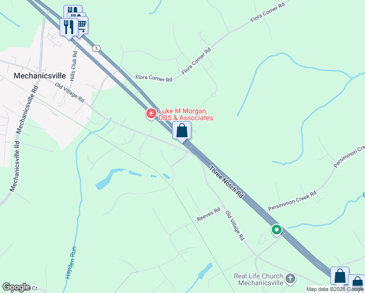 map of restaurants, bars, coffee shops, grocery stores, and more near 28035 Three Notch Road in Mechanicsville