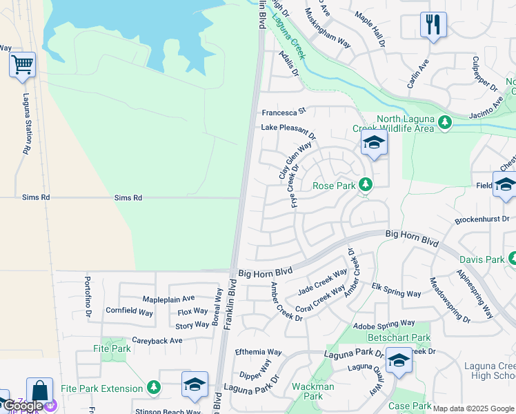 map of restaurants, bars, coffee shops, grocery stores, and more near 5116 Tana Court in Elk Grove