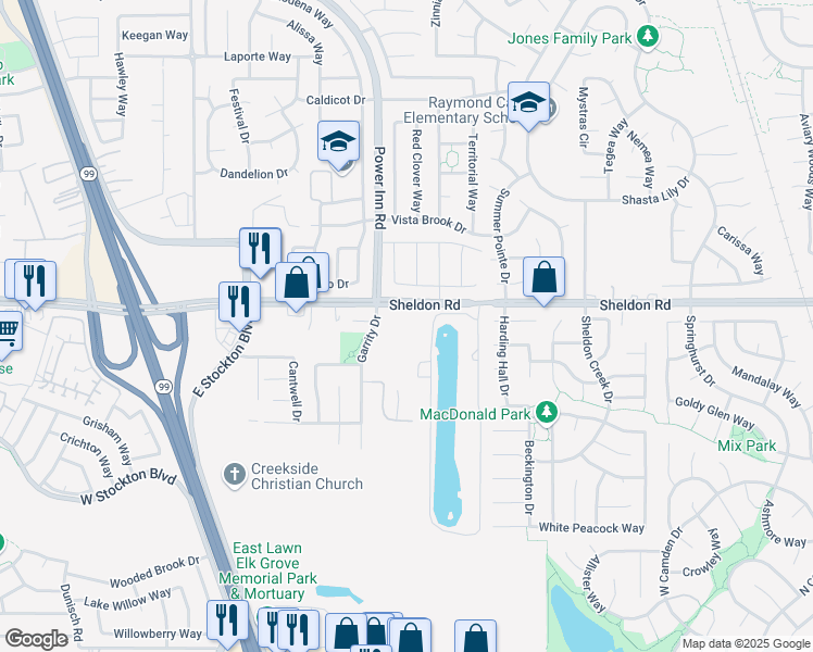 map of restaurants, bars, coffee shops, grocery stores, and more near 8476 Sheldon Road in Elk Grove