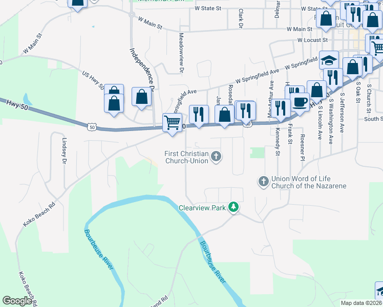 map of restaurants, bars, coffee shops, grocery stores, and more near 705 Clearview Drive in Union
