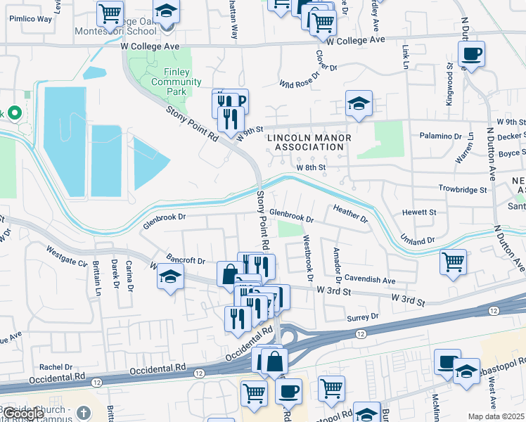 map of restaurants, bars, coffee shops, grocery stores, and more near 155 Stony Point Road in Santa Rosa