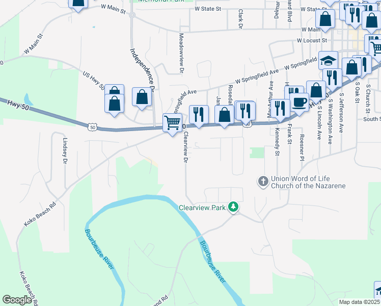 map of restaurants, bars, coffee shops, grocery stores, and more near 817 Bonnie Drive in Union