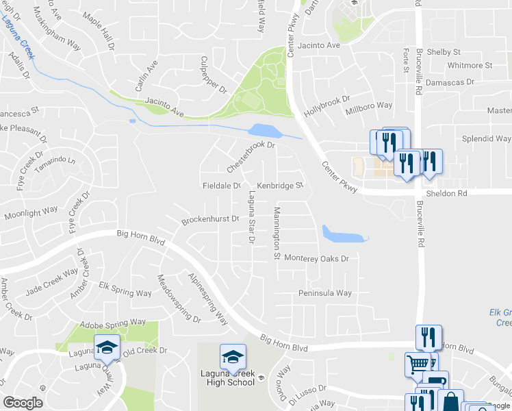 map of restaurants, bars, coffee shops, grocery stores, and more near 6500 Star Hawk Court in Elk Grove