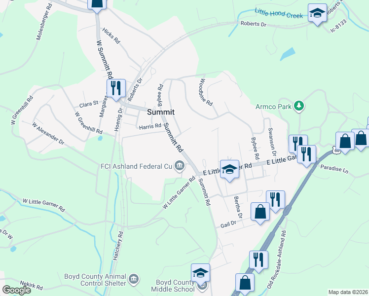 map of restaurants, bars, coffee shops, grocery stores, and more near 573-805 Summitt Rd in Ashland