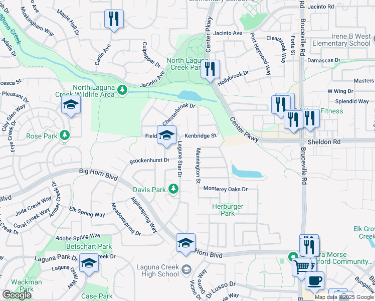 map of restaurants, bars, coffee shops, grocery stores, and more near 6500 Star Hawk Court in Elk Grove