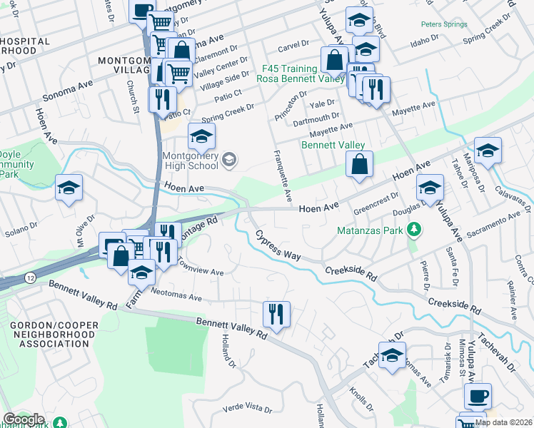 map of restaurants, bars, coffee shops, grocery stores, and more near 3136 Hoen Avenue in Santa Rosa
