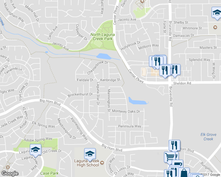 map of restaurants, bars, coffee shops, grocery stores, and more near 8795 Mannington Street in Elk Grove