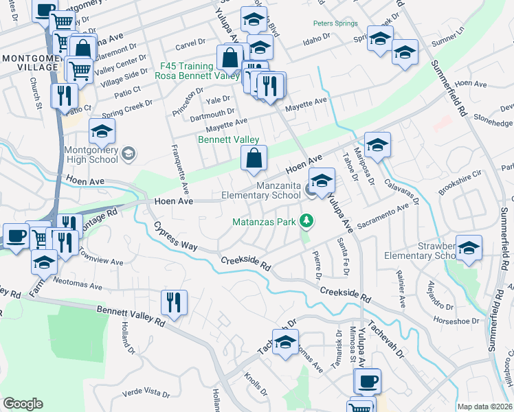 map of restaurants, bars, coffee shops, grocery stores, and more near 3710 Greencrest Drive in Santa Rosa
