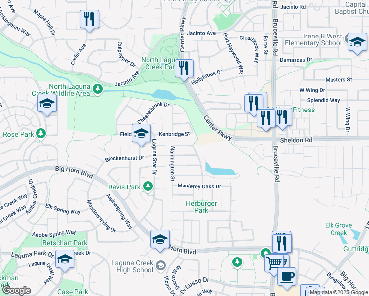 map of restaurants, bars, coffee shops, grocery stores, and more near 8779 Mannington Street in Elk Grove