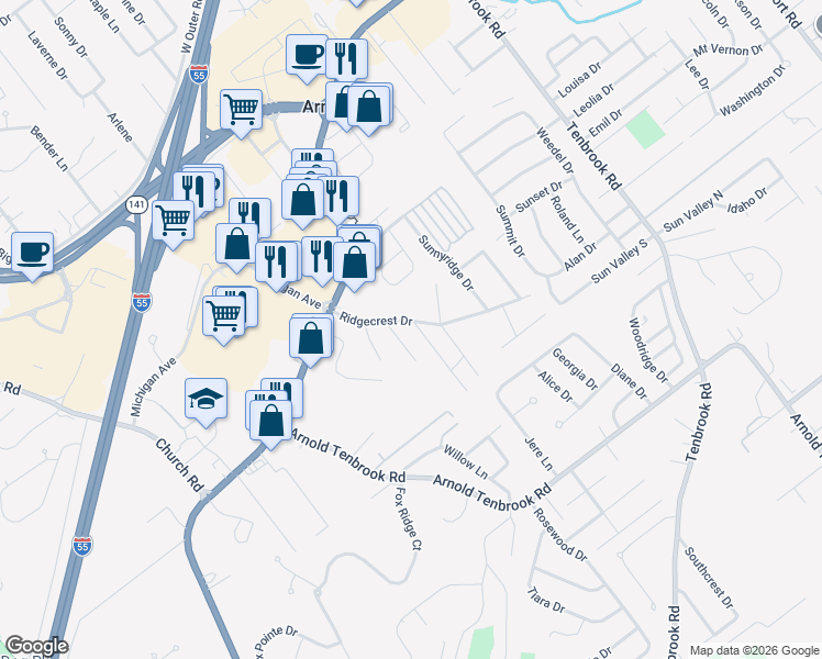 map of restaurants, bars, coffee shops, grocery stores, and more near 2369 Ridgecrest Drive in Arnold