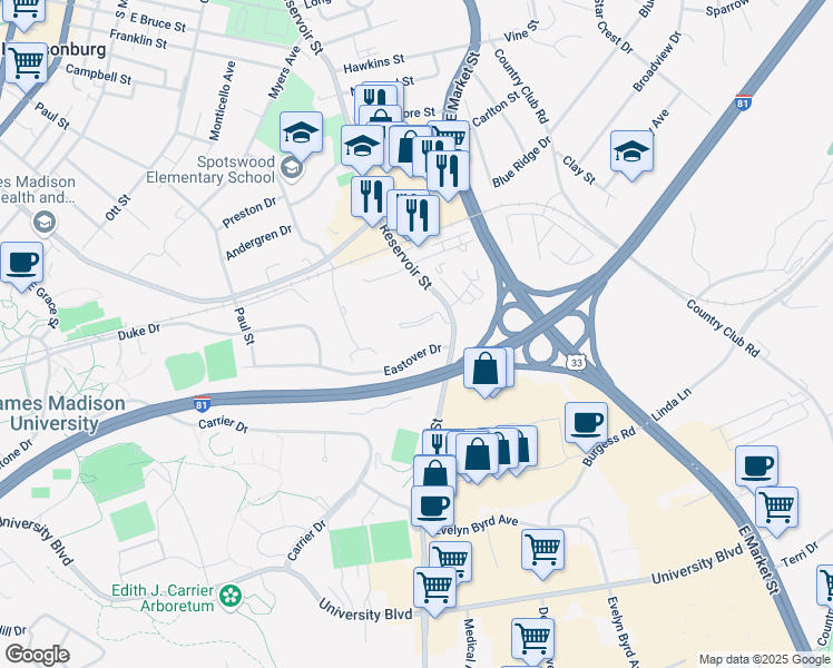map of restaurants, bars, coffee shops, grocery stores, and more near 212 Governors Lane in Harrisonburg