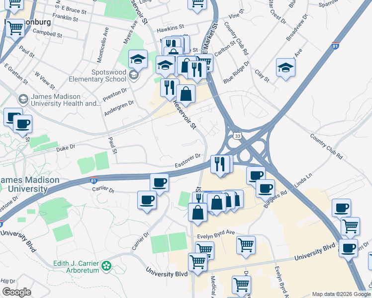 map of restaurants, bars, coffee shops, grocery stores, and more near 218 Governors Lane in Harrisonburg