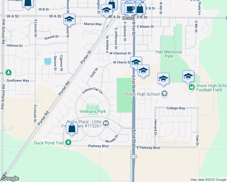 map of restaurants, bars, coffee shops, grocery stores, and more near 1190 Arizona Court in Dixon